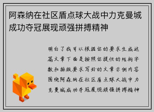 阿森纳在社区盾点球大战中力克曼城成功夺冠展现顽强拼搏精神